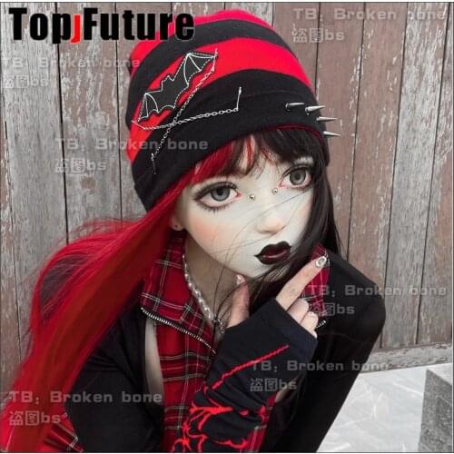 Harajuku Punk Bat Rivet Chain Black Red Striped Casual Beanies Hats For Women Girls Winter Warm Knitted Hip Hop Cap Streetwear