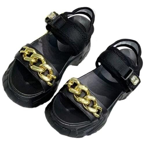 Modern Sandals Female 2021 New Designed Height Increasing High Platform Genuine Cowhide Gold Chain Decoration Summer Shoes