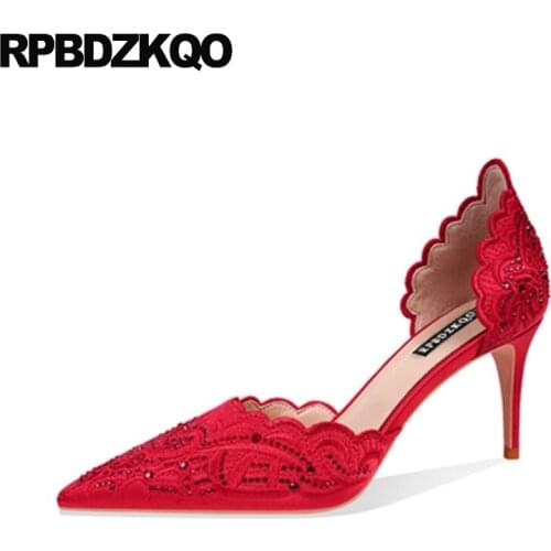 Embroidery Crystal Bridesmaid Flower Pumps High Heels Women Satin Shoes Handmade Pointed Toe Embroidered Red Stiletto Bridal