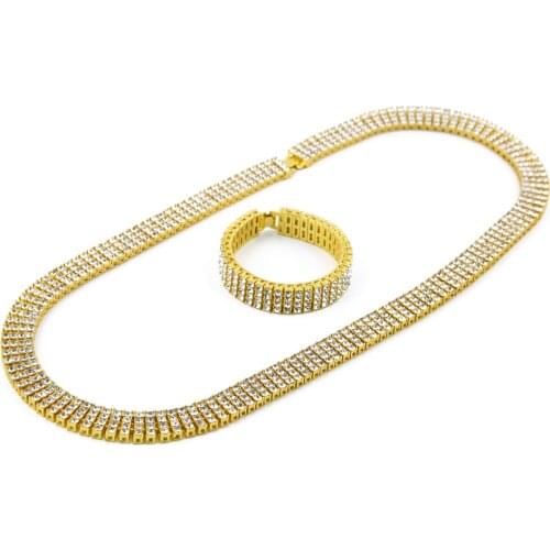 Hip Hop Mens Gold color Black color 4 Row Mens Necklace & Bracelet combo set Crystal Miami Ice Out Cuban Hip Hop For Men