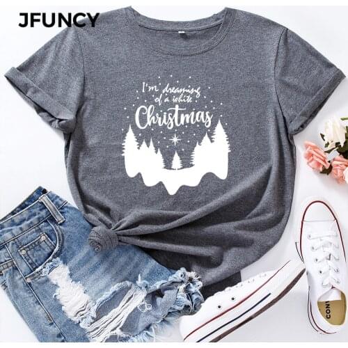 JFUNCY Short Sleeve Womens Cotton T-shirt Snow Covered Forest Christmas T Shirts Female Graphic Tees Tops Lady Tshirt