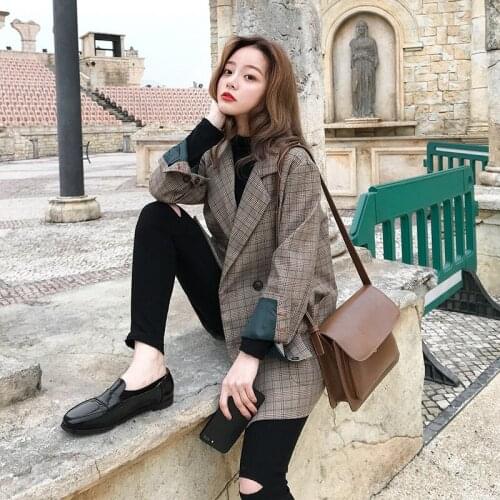 Women Jacket Long Sleeve Plaid Female Jacket Pockets Button Coats Runway Outwear