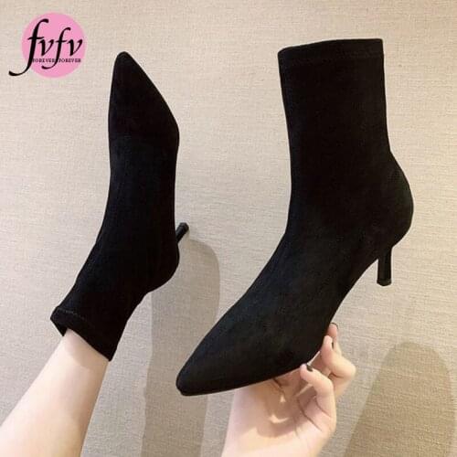 [FVFV]Size 36-40 trendy women ankle boots high heel lady botas warm winter shoes women sexy pointed toe pleated casual footwear