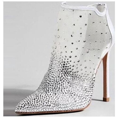 Linamong Woman Fashion Mesh Sequins Pointed Toe Ankle Boots Bling Bling Stiletto Heels High Heel Wedding Pumps Shoes Ladies