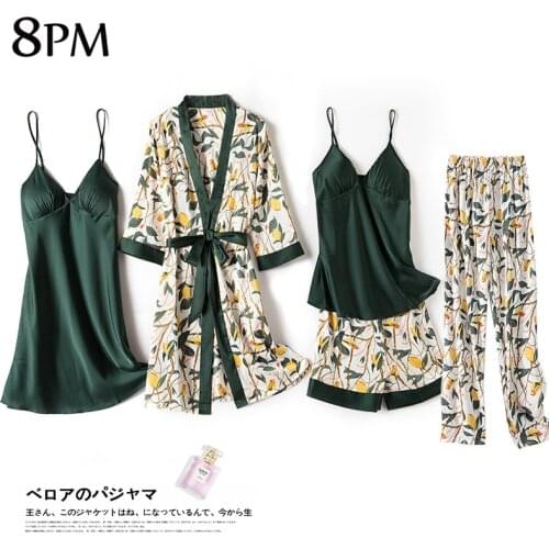 Womens Satin Silk Pajamas Sets Japanese Printing Style Satin Pjs Set V-Neck Silk Wear Home Nightwear Kimono Sleep Robe BathGown