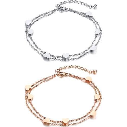 2021 Fashion And Korean Version Style Stainless Steel Peach Heart Double Layer Simple And Temperament Bracelet For Women