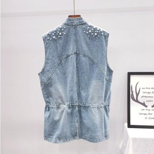 Fashion Women Pearl Denim Vest Streetwear Beading Single Breasted Short Waistcoat Loose Boyfriend Blue Sleeveless Jean Jacket
