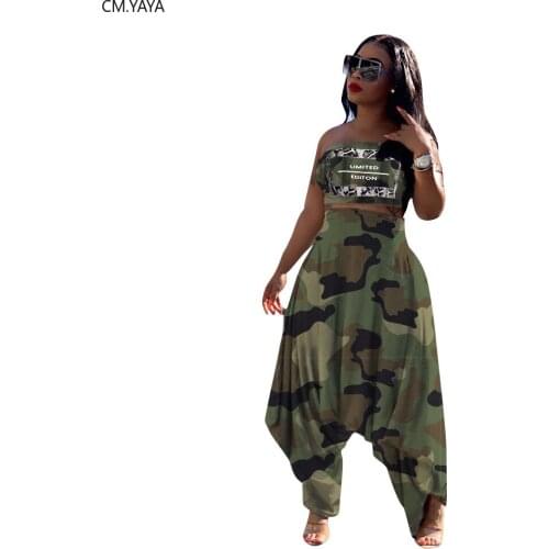 New Hip hop streetwear Womens set camouflage letter print strapless top haren pants suit two piece set elegant tracksuit GL6309