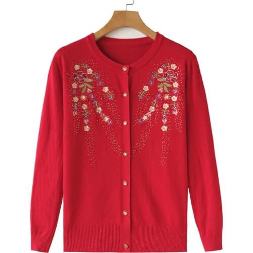 Women Embroided Knit Sweater Large Size Autumn Elderly Female Knitted Cardigans Women Single-breasted Sweater Jacket Mujer H47