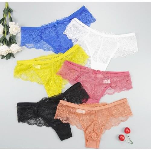 Women Underwear Sexy Lace Solid Color Hollow Transparent Cotton Panties with Bow Lingerie Feminina Low-Rise See Through Panties