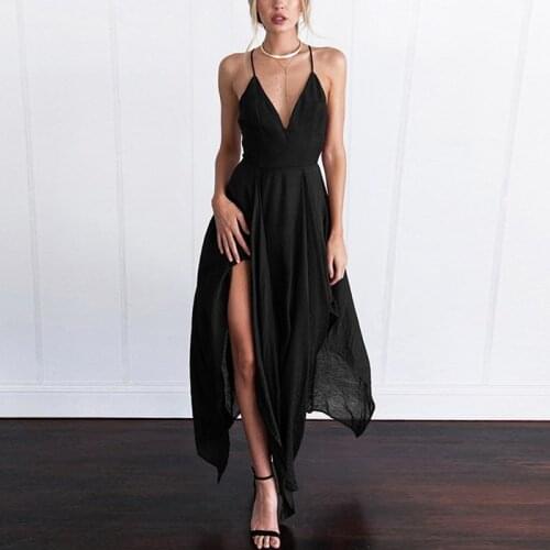 Summer V-neck Spaghetti Starp Sleeveless Sexy Party Dress Women Asymmetrical A Line Long Dresses Cocktail Split Beach Sundress