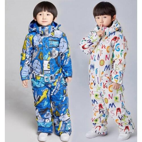2021 Winter Warm One Piece Ski Suits Boy Hooded Children Overalls Waterproof Kids Jumpsuits Fleece Baby Snow Set Cartoon Clothes