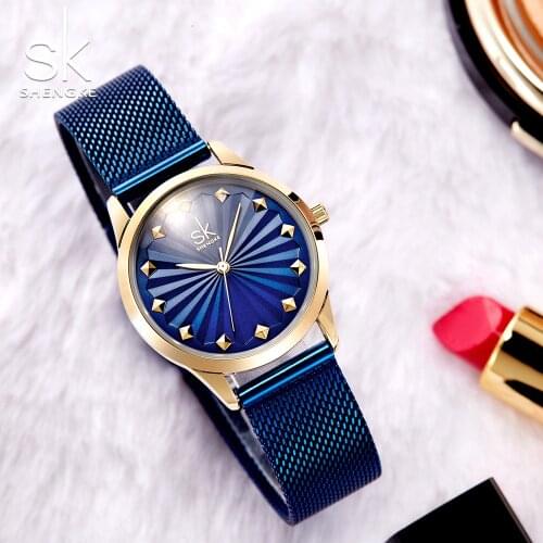 Shengke new Quartz Watch women Fashion Wristwatches for Ladies Milan Mesh Band Luxury Ladies Watches 2019 blue black color
