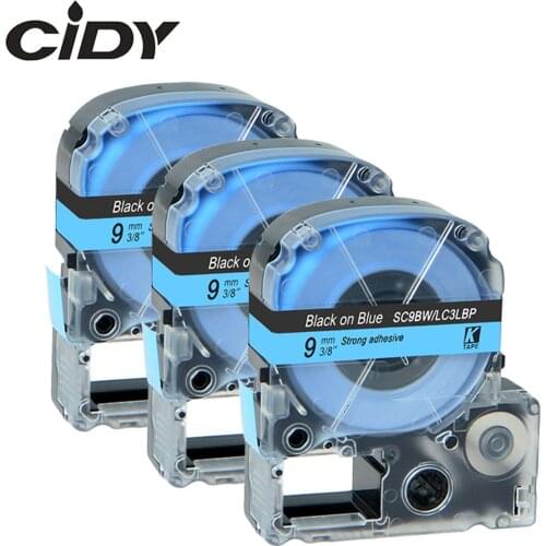 CIDY 3pcs Compatible 9mm black on blue SC9BW LC-3LBP9 LC3LBP label tape for KingJim/epson LabelWorks LW300 lw400 SR150 LW-600P