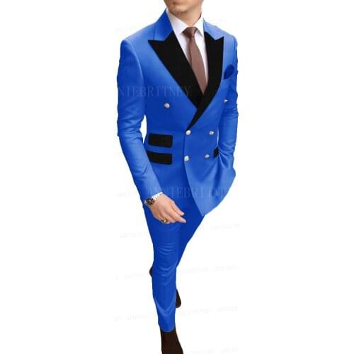Double Breasted Mens Suit Royal Blue Party Wedding Groom Dress Suits Tuxedo Custom Made Black Velvet Lapel Blazer with Pants Set