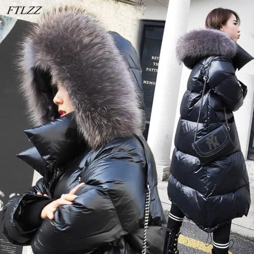 FTLZZ 2021 Winter Big Real Fox Fur Collar Jacket Women Below Knees Coats Hight Quality Outwear Adjustable Waist Down Jacket