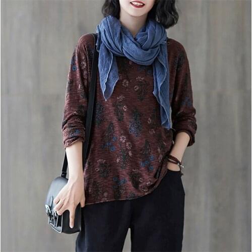 Spring Autumn Vintage Trendy Women Flower Print Knitted t-Shirt Office Lady Slub Cotton Round Neck Long Sleeve Casual Loose Tops