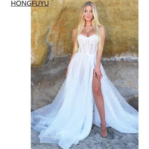 HONGFUYU White Sweetheart Bustier Evening Gowns Sequins Tulle Formal Prom Dresses robes de soirée with Beading Belt Side Slit