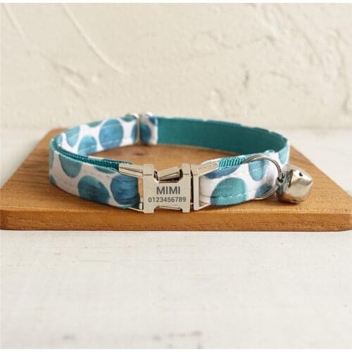 Personalized Cat Collar for Girl Cat Bubble Printing Aqua Green Designer Cat Collar with Bell Breakaway Adjustable Cat Gift