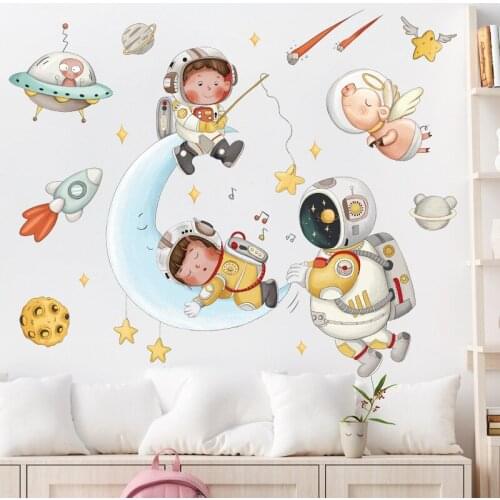 Cartoon Astronaut Wall Stickers Home Decoration Wallpaper Kids Room Baby Bedroom Decor Wall Decals PVC Nursery Stickers