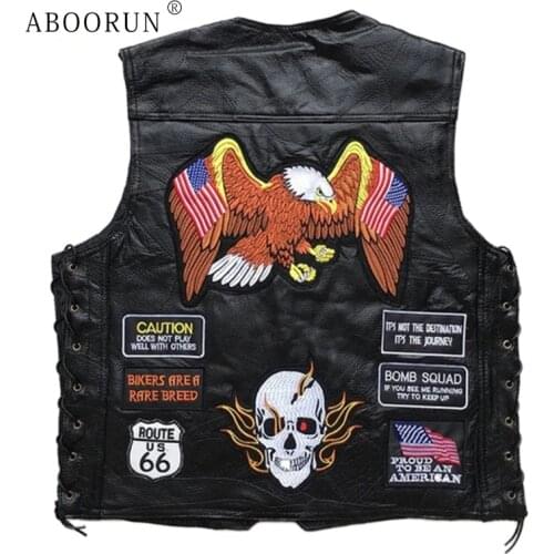 ABOORUN Mens Motorcycle Leather Vest Eagle Embroidery Biker Waistcoat PU Leather Black Sleeveless Jackets for Male