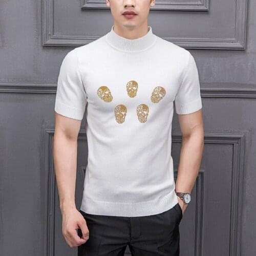 Diamond Design Top Skull Mens Black And White Short-Sleeved Pullover Knitted T-Shirt Sweater Three-Dimensional High-Quality Hot