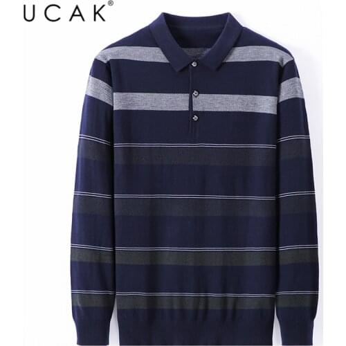UCAK Brand Striped Sweaters Men Clothes Pull Homme Autumn Winter Streetwear Turn-down Collar Sweater Clothing Man Pullover U1086
