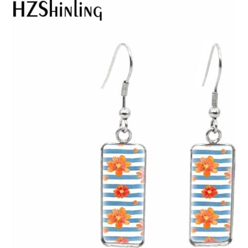 2020 New Flower Lines Earring Art Painting Rectangular Hook Earrings Glass Cabochon Photo Jewelry Handmade