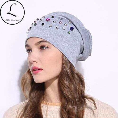 New Brand Spring Women hat Soft Rhinestones Slouchy Skullies Beanies hats And Caps Autumn Black Ladies Girls Baggy Bonnet Gorros
