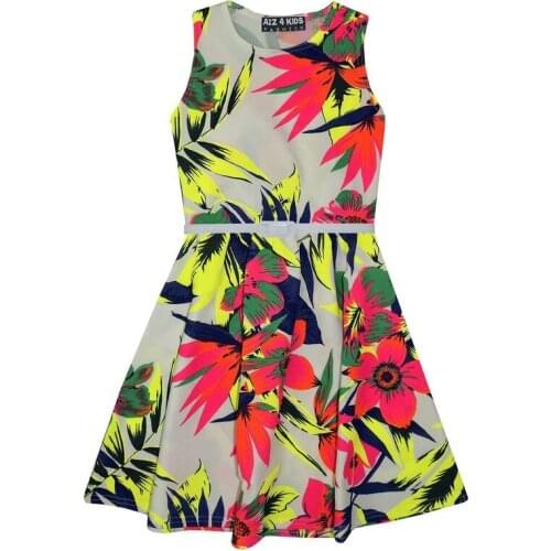 Girls Clothes Skater Dress Kids Neon Tropical Print Summer Party Dresses Age 7-13 Years Dropping Wholesale