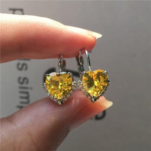 Luxuy Female Yellow Crystal Earrings Charm Silver Color Clip Earrings Trendy Rainbow Love Heart Wedding Earrings For Women