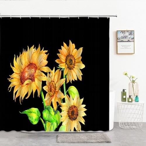 Yellow Sunflower Flower Shower Curtains Fabric Black Background Shower Decor Curtain For Bath Home Decoration Bathroom Products