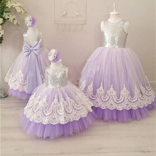 Tulle Open Back Flower Girl Dresses with White Lace and Bow Silver Sequins Kid Tutu Baby Brthday Party Gowns
