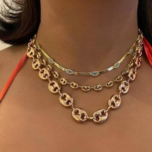 High Quality Gold Color Herringbone Snake chain Micro Pave CZ Green Evil Eye Charm Choker Necklaces for women Classic jewelry