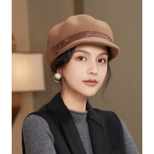 Autumn And Winter Woman Solid Color Octagonal Hat Lady Party Fashion 100% Wool Felt Newsboy Caps