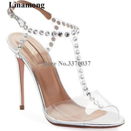Women Brand T-strap Beaded Studded Stiletto Heel PVC Gladiator Sandals Silver Transparent Rhinestone High Heel Sandals Heels