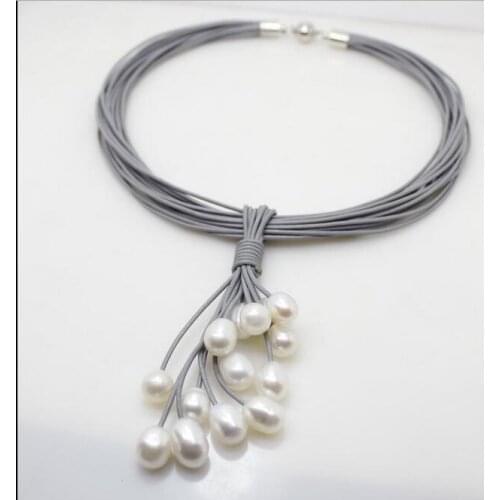 Women Jewelry handmade Gift white pearl pendant Multilayer necklace Genuine gray Leather natural freshwater pearl Magnet clasp