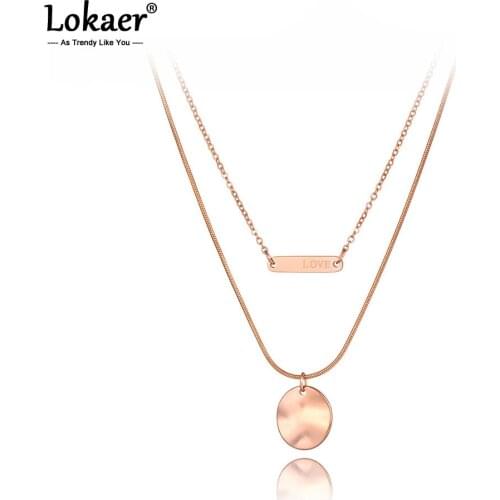 Lokaer Bohemia Stainless Steel Double-layer Love Choker Necklace Trendy Round Tag Charm Pendant Chain Jewelry For Women N20241