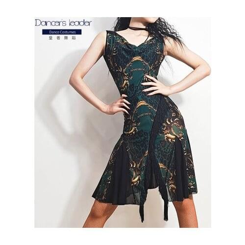 New Latin dance clothes female printed mesh dress Latin practice clothes halter dance dess