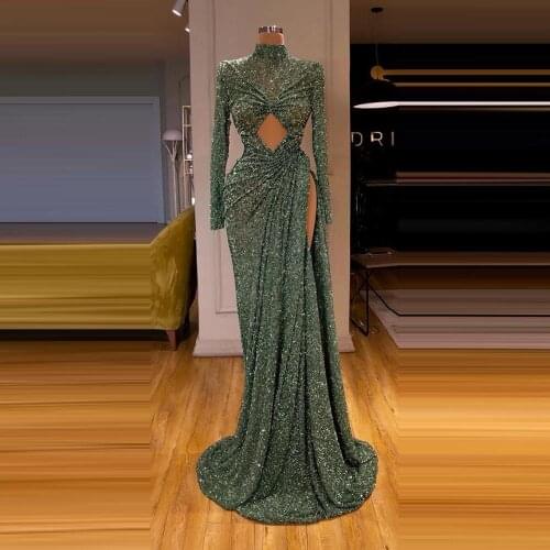 Vestiti da sera Green Sequins Evening Dresses High Slit Long Sleeves High Neck Custom Made Prom Party Gowns For Women