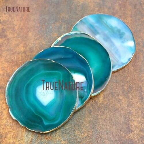 10Pcs New Realease Green Stripped Agates Coaster Pure Gold Color Round Shape Coaster Approx 55-75mm PM14932