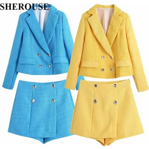 2021 New Women Two Pieces Set Textured Cropped Blazer and Shorts Suit Fashion Casual Chic Lady Outfits Women Suit