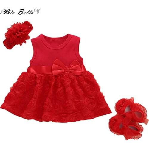 Baby Princess Lovely Cute Summer Clothes Set Lace Tutu Birthday Baptism Dress+Shoes+Headband 3Pcs Kids 0-36M Bebes Girl Outfits