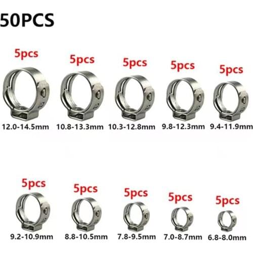 50pcs Single Ear Stepless Hose Clamps 8-14.5mm 304 Stainless Steel Hose Clamps Cinch Clamp Rings soldering for TIG/MIG of Hose
