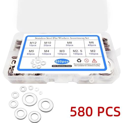 580pcs set 304 stainless steel gasket combination kit metric flat washer m2-m12