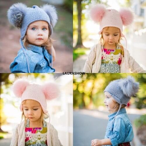 Fur Pompom Beanie Kids Baby Winter Hat Ear Protection Crochet Cap Warm Knitted Hat For Children