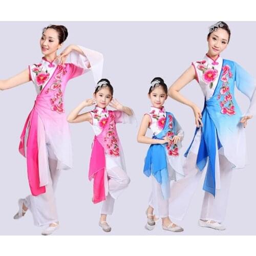 Child Adult Classical Chinese Folk Dance Costumes Women Fan Dance Clothing for Stage Girls National Yangko Umbrella Dance Dress