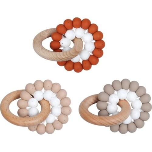 Baby Teether Bracelet Ring Boy Girl Beech Wooden Teething Rattle Toy Shower Gift