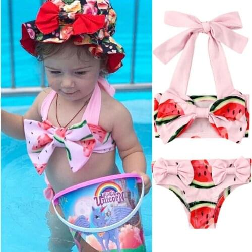 Toddler Baby Girl Bowknot Bikini Swimsuit Cute Girls Watermelon Pattern 2 Pieces Bathing Suit Bikini Set Swimwear Beachwear 2-6T