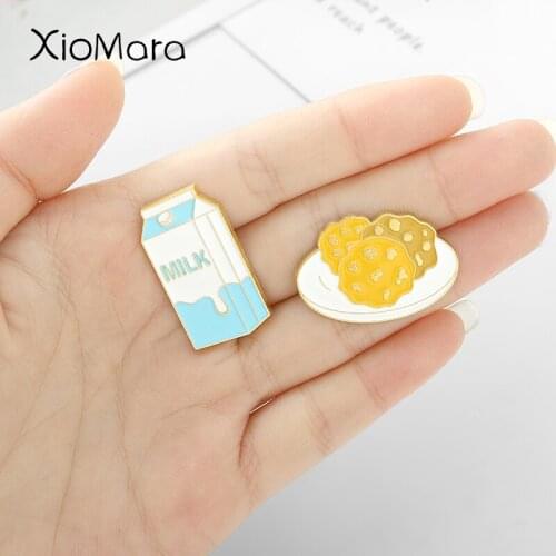Milk and Cookie Lapel Pins Chocolate Chip Cookies Enamel pin Blue Milk Box Kawaii Food Badges Brooches for Women Men Child